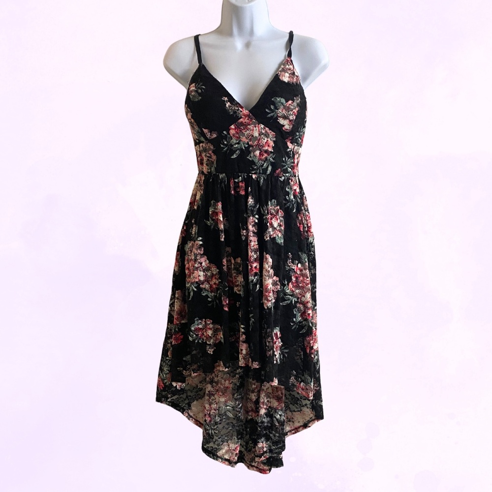 Lace Black Floral Dress With Pink Floral Design